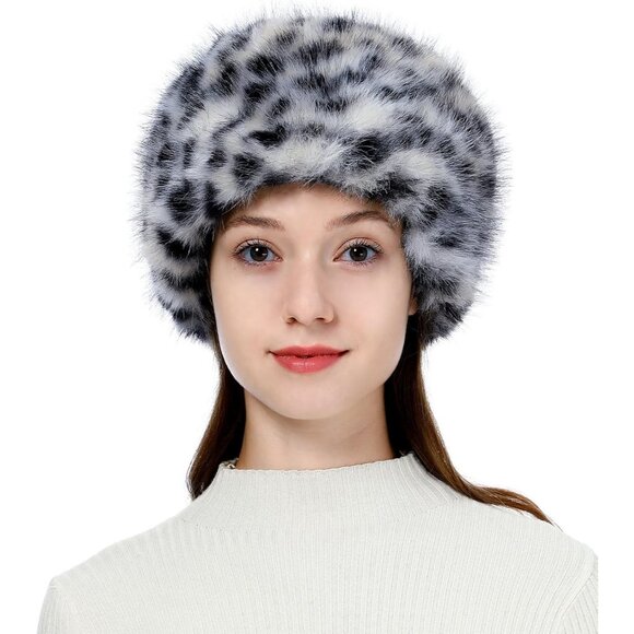Accessories - Women Black Leopard Warm Winter Hat Faux Fur Russian Cossack Style